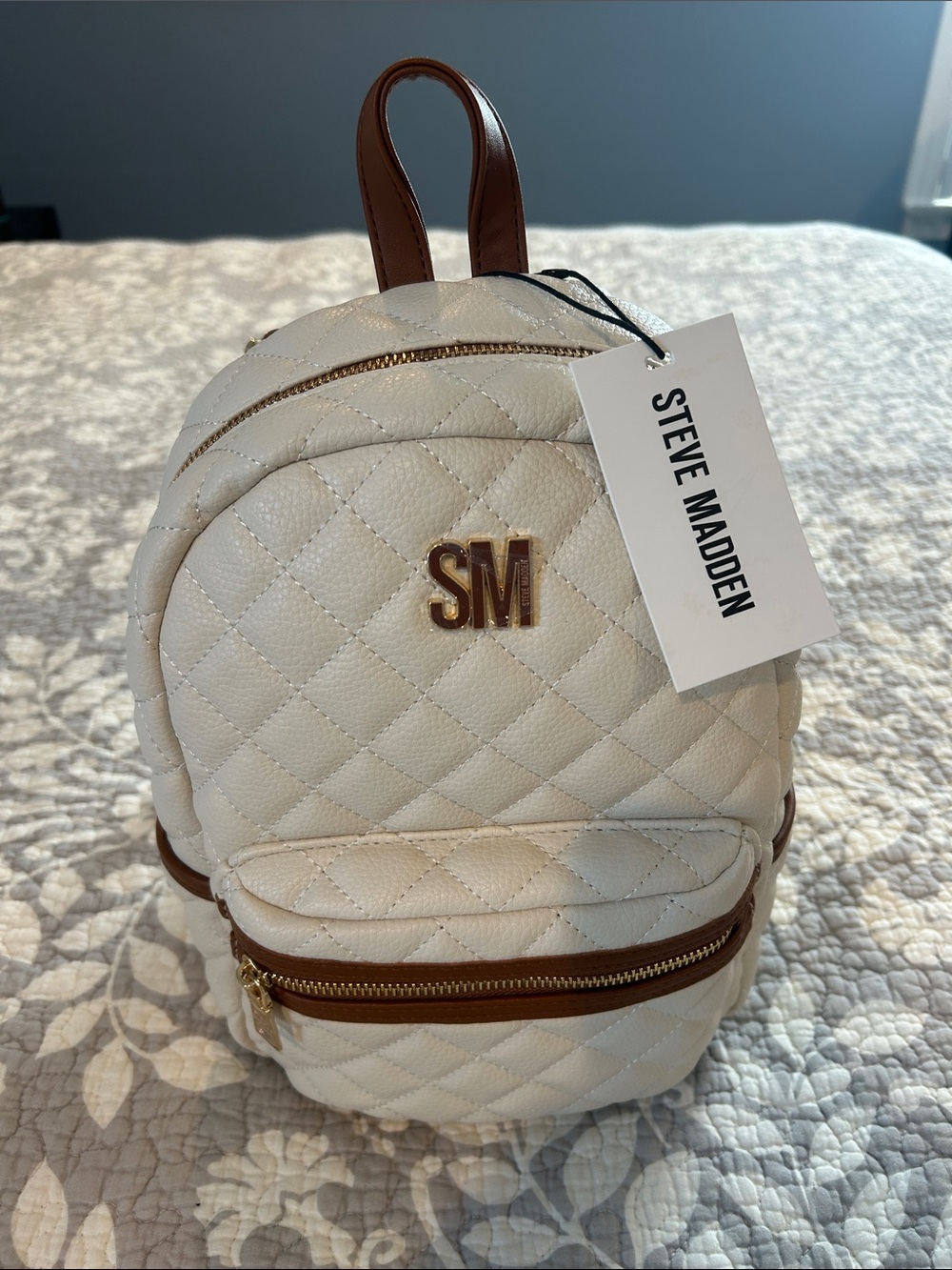 Steve Madden Cream Quilted Mini Backpack with Brown Trim